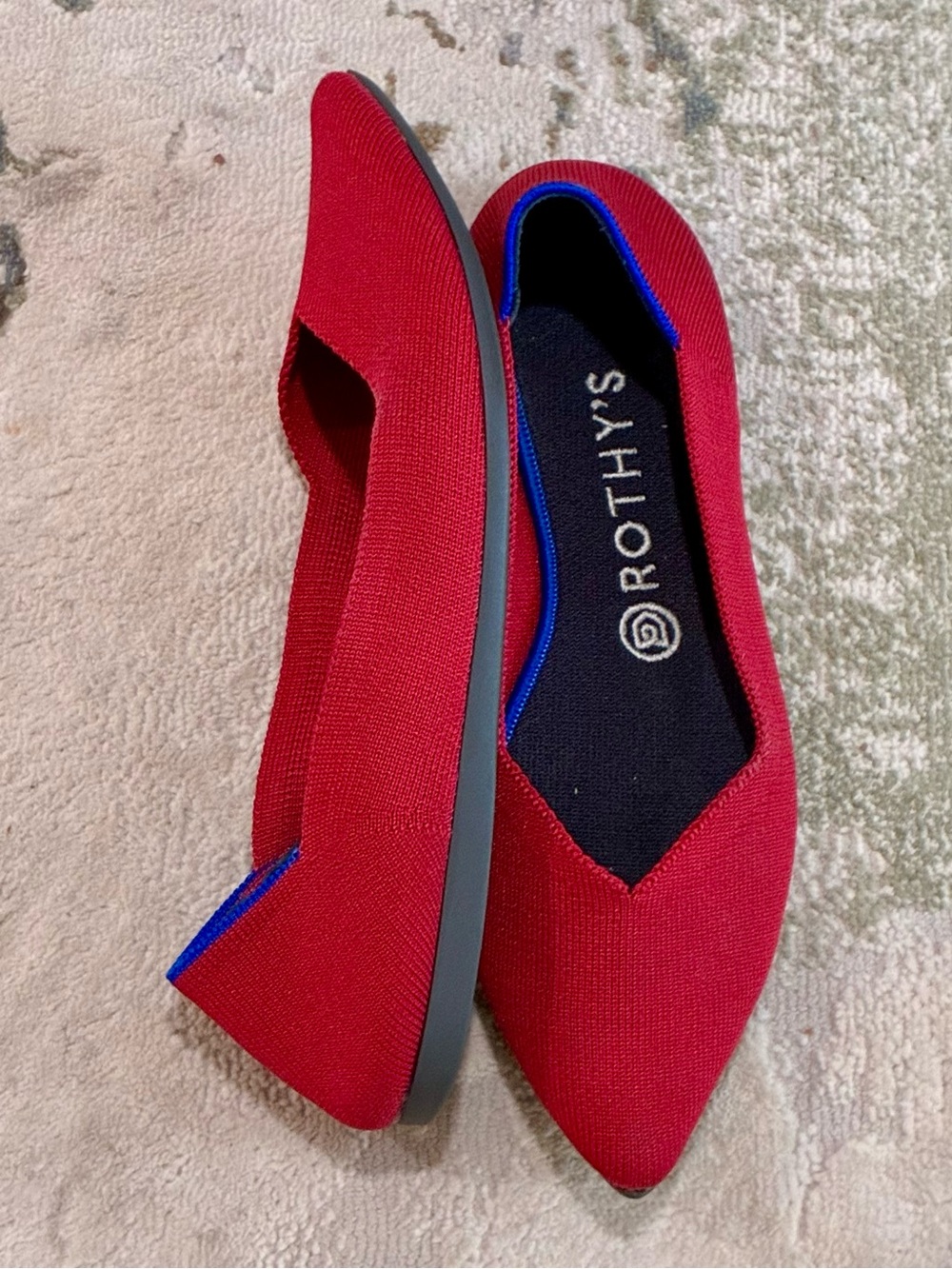 Rothy's Red Pointed Slip-On Flats with Blue Trim size 8.5 - Picture 3 of 8